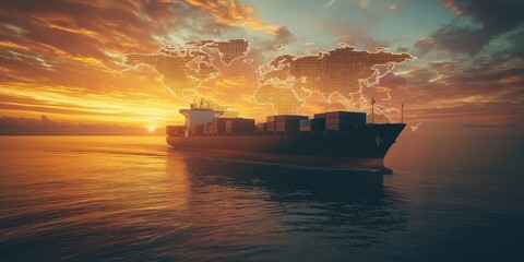 Obraz premium A container ship sails through calm waters at sunset with a digital network worldmap, created by ai