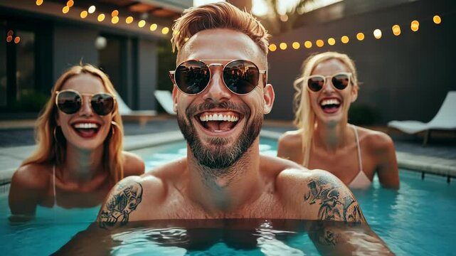 Friends enjoying a sunny day by the pool, laughing and having fun during a summer gathering at a private residence