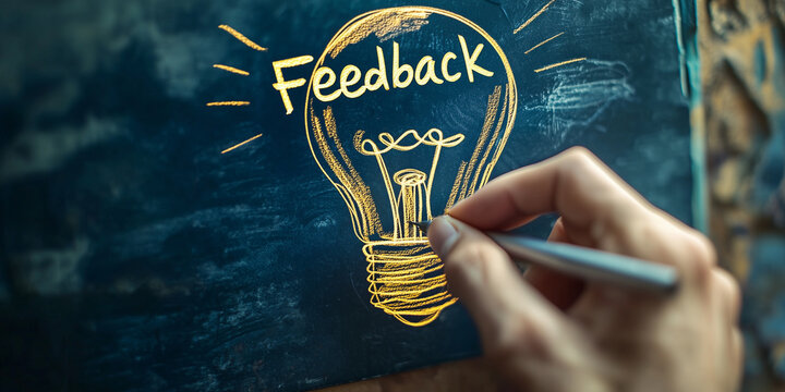 Hand sketching a glowing light bulb with the word 'Feedback' on a chalkboard, illustrating creativity, innovation, and the value of shared ideas in a collaborative process