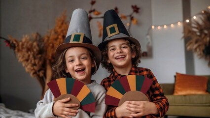 Two kids in Pilgrim costumes holding colorful turkey fan crafts