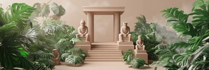 A serene scene featuring sculptures amidst lush greenery and architectural elements.