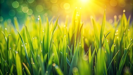 Fototapeta premium Vibrant Green Blades of Grass Glistening with Morning Dew Under Golden Sunlight