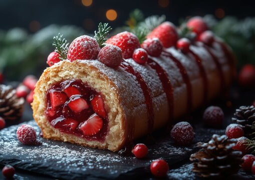 Yule Log B&ucirc;che De No&euml;l Chocolate Berry Festive Christmas Winter Dessert Illustration Background Image