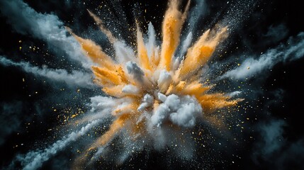 Vibrant explosion of yellow and grey powder on black background.