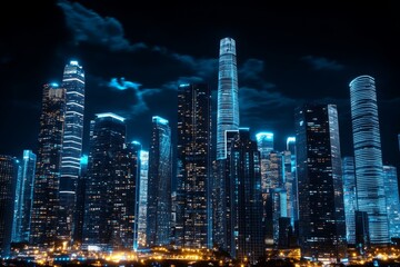 Fototapeta premium Asian urban skyline at night, with glowing skyscrapers and bustling streets below