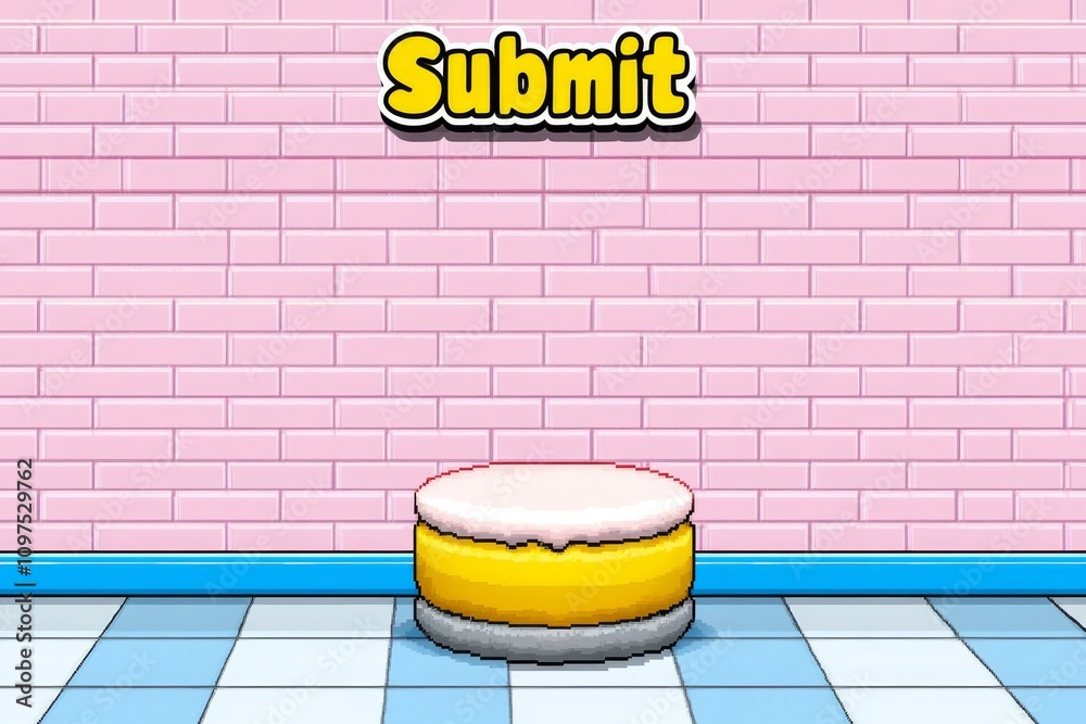 Poster Assessment interface in pixel art style, with tiny checkboxes, a retro pie chart, and blinking â€œSubmitâ€ button