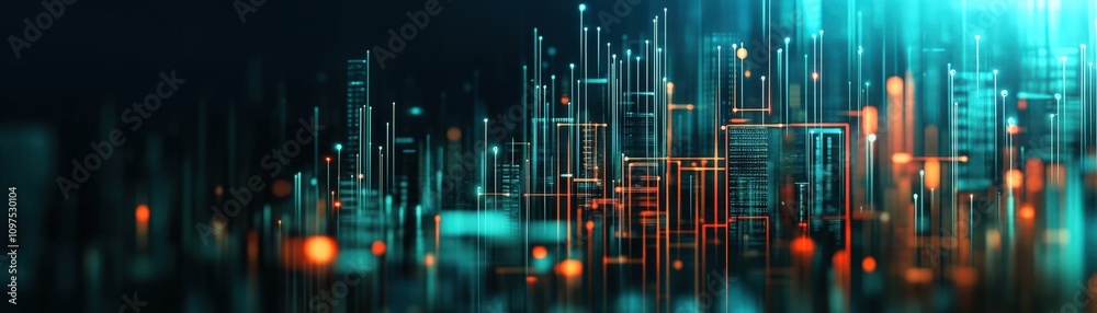 Aufkleber Futuristic Digital Cityscape with Glowing Lines and Data Streams Representing High Technology, Innovation, and Abstract Connectivity in a Virtual Space