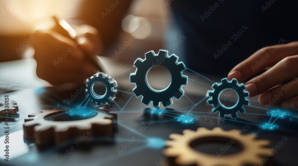 Poster innovative engineering concept showcasing hand holding pen near interconnected gears with digital ne