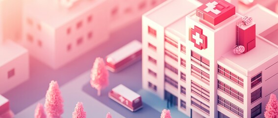 A stylized illustration of a hospital building with ambulances and trees nearby.