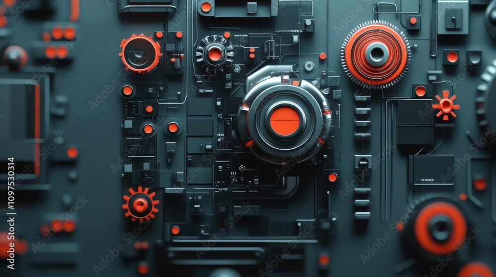 Poster intricate close-up of futuristic technology elements with metallic and red accents, featuring gears,