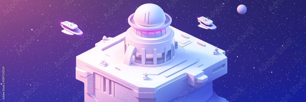 Wall mural a futuristic observatory on a cliff in space, surrounded by spacecraft and celestial bodies.