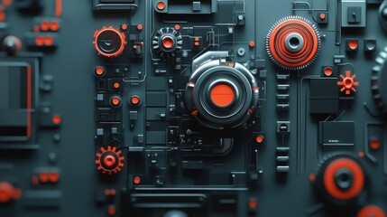 Intricate Close-Up of Futuristic Technology Elements with Metallic and Red Accents, Featuring Gears, Circuits, and Modern Design Aesthetics for Creative Projects
