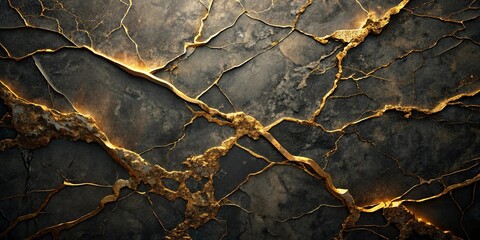 Dark stone surface with gilded cracks and fissures