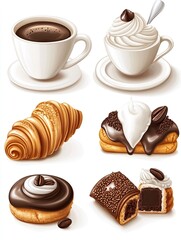 3D coffee and pastries cartoon. Tea cups, Croissants and pastries, sweet cake desserts with cream and chocolate.