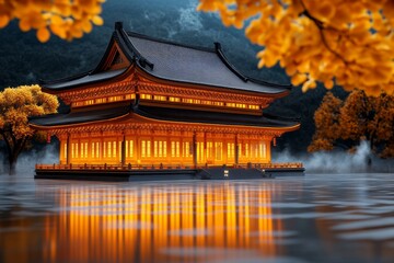 Fototapeta premium Dark gothic Asian temple illuminated by moonlight, surrounded by mist and eerie shadows