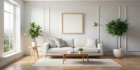 Naklejka premium Modern minimalist living room interior design with light neutral tones, featuring a comfortable sofa, wooden coffee table, potted plants, and a large framed artwork above the sofa.