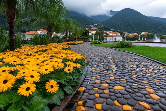 A peaceful garden in Angra do Hero&Atilde;&shy;smo, with vibrant flowers, fountains, and cobblestone pathways