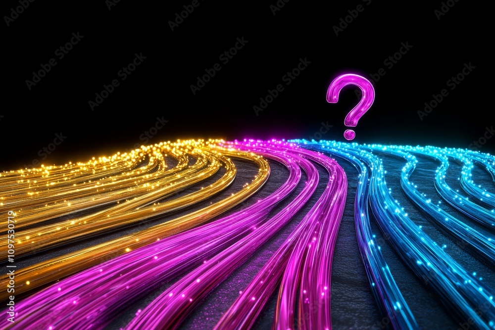 Aufkleber Digital 3D rendering of a question mark emerging from a vibrant, futuristic interface with colorful light trails