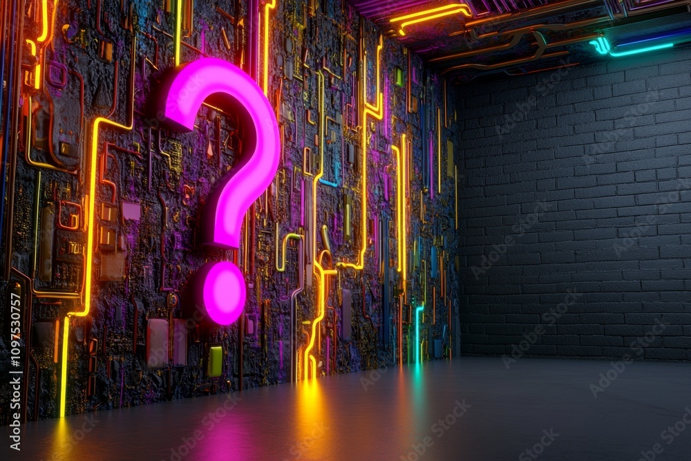 Aufkleber Digital 3D rendering of a question mark emerging from a vibrant, futuristic interface with colorful light trails