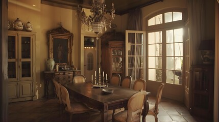 Sunlit antique dining room with wooden table, chairs, and French doors.
