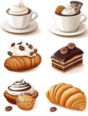 3D coffee and pastries cartoon. Tea cups, Croissants and pastries, sweet cake desserts with cream and chocolate.