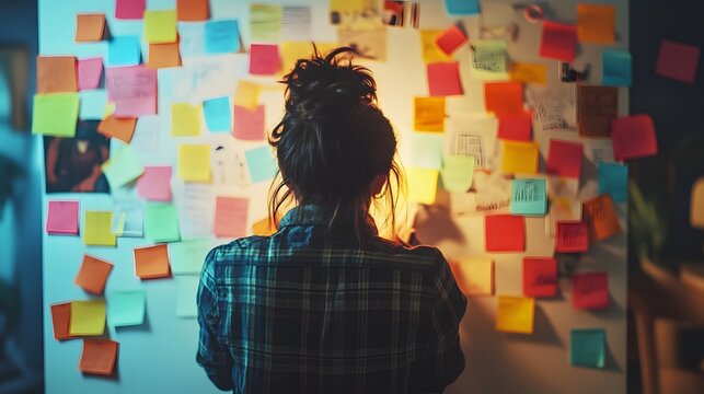 A person writing goals on a whiteboard surrounded by colorful sticky notes symbolizing fresh hopes and ambitions