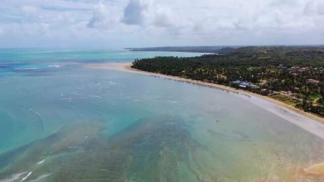 Breathtaking aerial view of Japaratinga, Alagoas, Brazil, with its turquoise natural pools, surrounded by palm trees and coral reefs, creating an unparalleled tropical landscape.