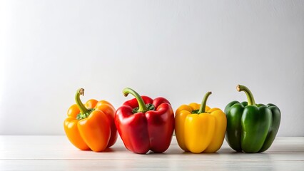 Vibrant bell peppers in a row showcasing a spectrum of colors on a white surface