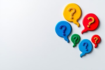 Questions depicted as playful 2D thought bubbles with colorful question marks and arrows pointing to answers