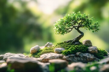 Serene bonsai tree nestled amongst moss-covered rocks, bathed in soft sunlight.  A tranquil nature scene perfect for meditation and mindfulness themes.