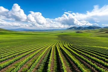 A scenic depiction of Shamakhi vineyards, with rows of grapevines stretching across rolling hills under a sunny sky