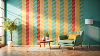 Modern living room interior design with vibrant chevron patterned wall, green armchair, and potted plants