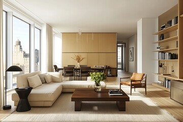 Fototapeta premium Luxurious 3D Rendering of a Modern Living Room Featuring a Stylish Sofa and Elegant Wall Frames