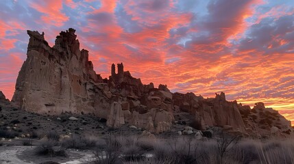 Fototapeta premium Vibrant sunset colors paint the sky above a dramatic rock formation.