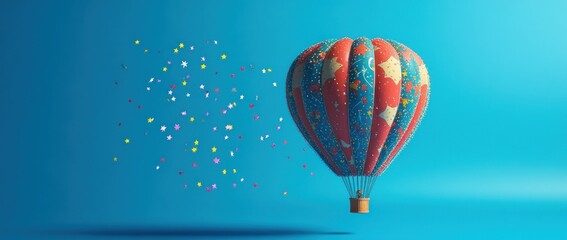 Fototapeta premium A colorful hot air balloon floating with confetti against a bright blue background.