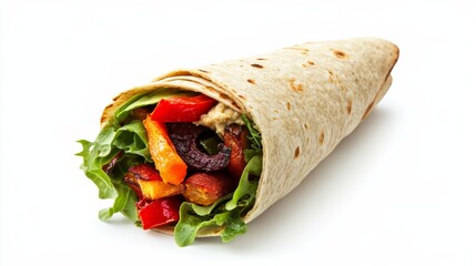 A perfectly assembled veggie wrap with roasted vegetables, hummus, and mixed greens wrapped in a whole wheat tortilla