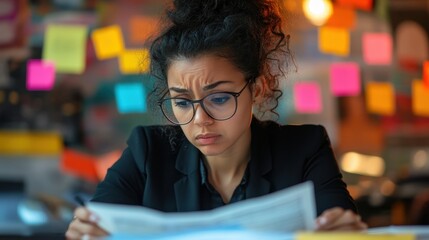 Businesswoman Reviewing Financial Report at Cluttered Desk