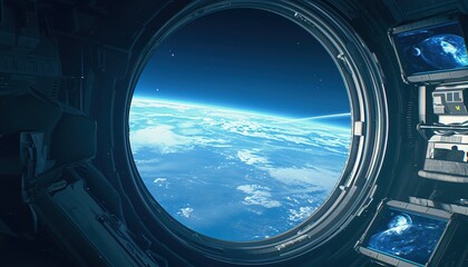 Photorealistic cinematic epic of a round window on a space station side, viewing Earth from inside, outer space scene, realistic octane render, high-resolution photography, hyperrealism, sci-fi style,