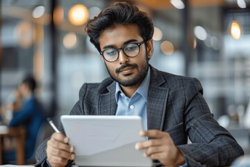 Focused Young Indian Businessman Using Digital Tablet in Modern Office