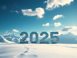 The word of 2025 from snow on the snow field with blue sky and mountain.
