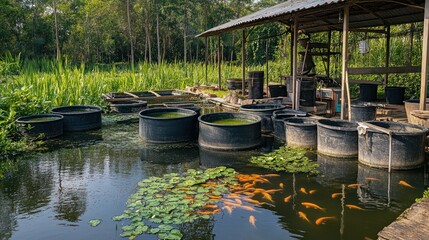 Fototapeta premium A detailed view of a catfish farming pond, featuring healthy fish, clear water, and feeding equipment arranged neatly in a natural setting.