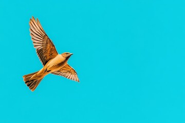 Obraz premium A simple 2D drawing of a clear azure sky with a single bird flying high, emphasizing minimalism and freedom