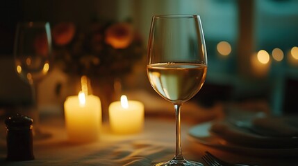 Sophisticated table setting with a glass of white wine glowing candle in the background creating a romantic atmosphere