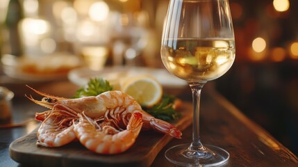 Obraz premium Glass of chilled white wine paired with seafood on a cozy wooden table blurred background adds freshness