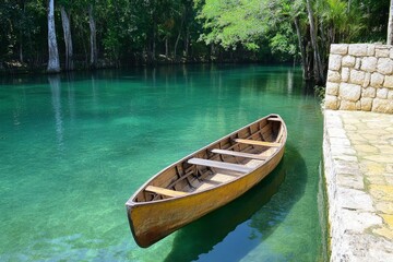Obraz premium A tranquil riverside scene of Aztec canoes gliding through canals, surrounded by stone architecture and lush vegetation