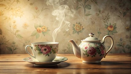Fototapeta premium Aromatic Tea Time Steaming Cup and Floral Teapot on Wooden Table