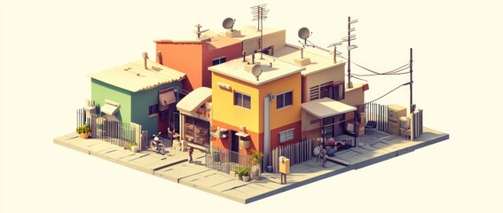 Naklejka premium A colorful, stylized depiction of a small urban neighborhood with various buildings and details.