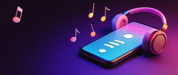 A smartphone with headphones and musical notes, symbolizing music streaming and enjoyment.