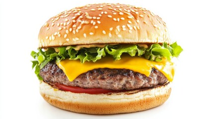 A perfectly grilled cheeseburger with a sesame seed bun, melted cheese, juicy beef patty