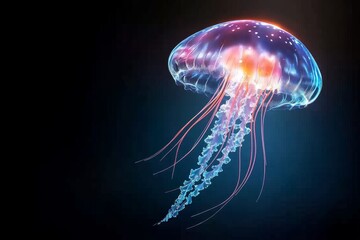 An azure-colored jellyfish floating gracefully in crystal-clear water, with sunlight streaming through the waves